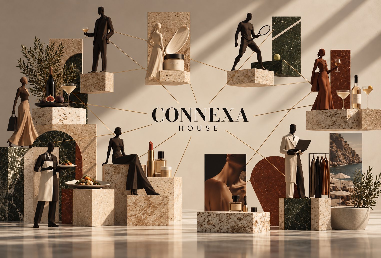 Connexa House: figures on stone plinths around the Connexa House logo, linked by gold lines